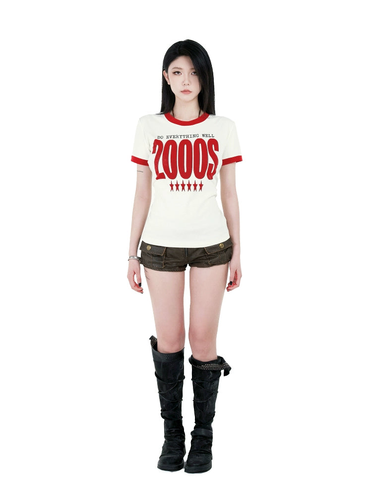 DETW 25ss * "2000S" Front Shoulder Slim Color Matching Short Sleeve Simple Commuter Tee