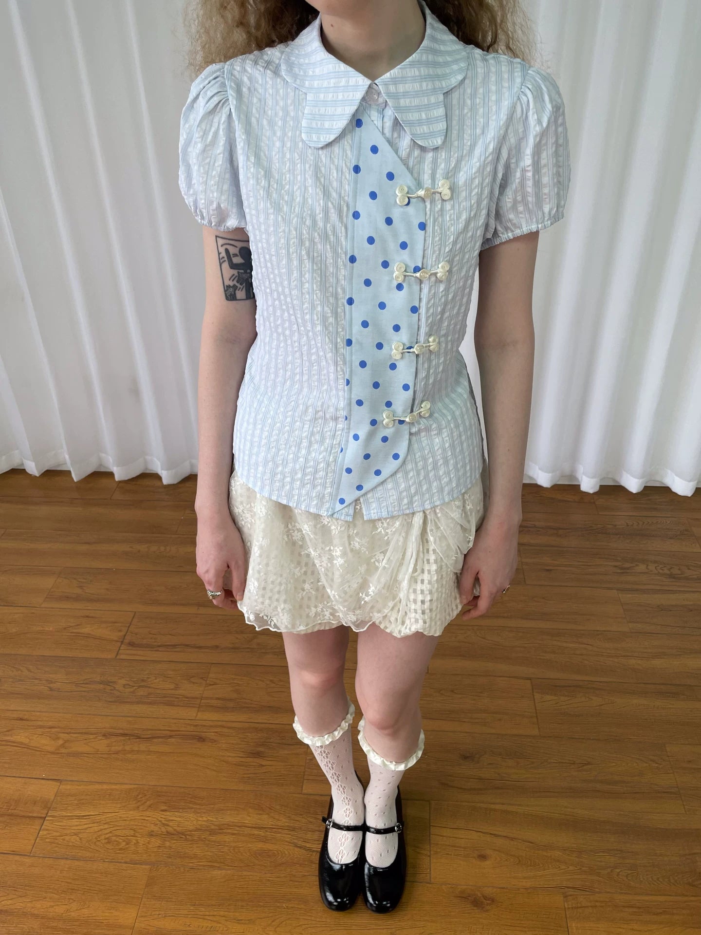 Loosesmell Checked Polka Dot Short Sleeve Shirt