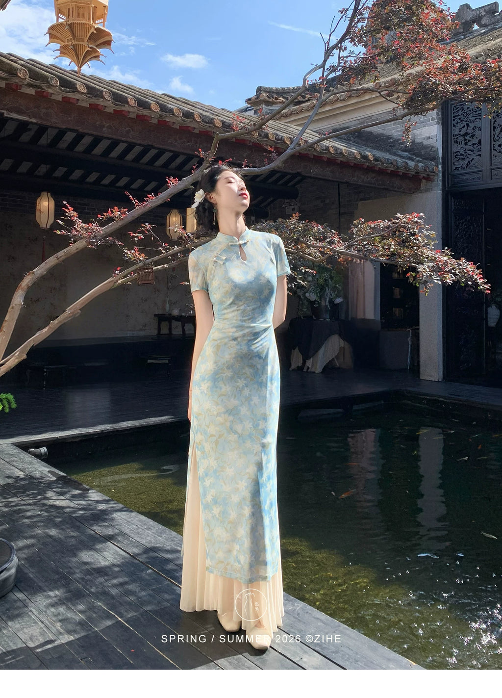 ZIHE Floral Mesh Stretch Cheongsam Slim Dress