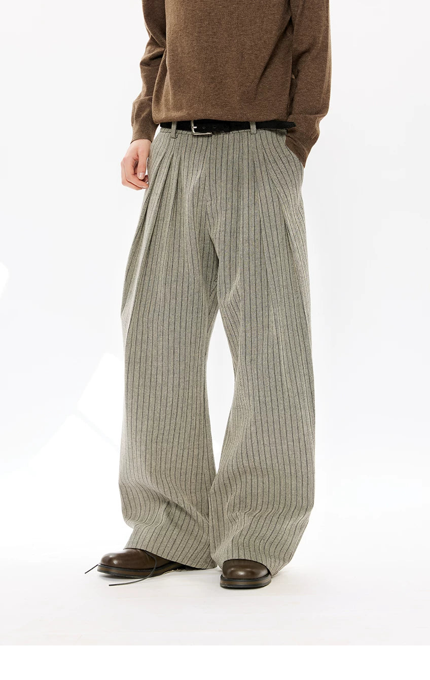 KREATE Striped Linen Pleated Texture Drape A Word Casual Trousers