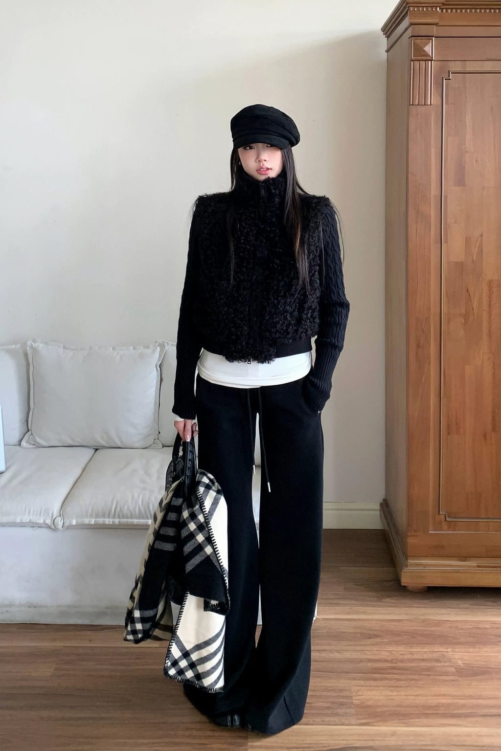 WITHMIN Low-rise Loose-fitting Fleece Straight-leg Wide-leg Pants