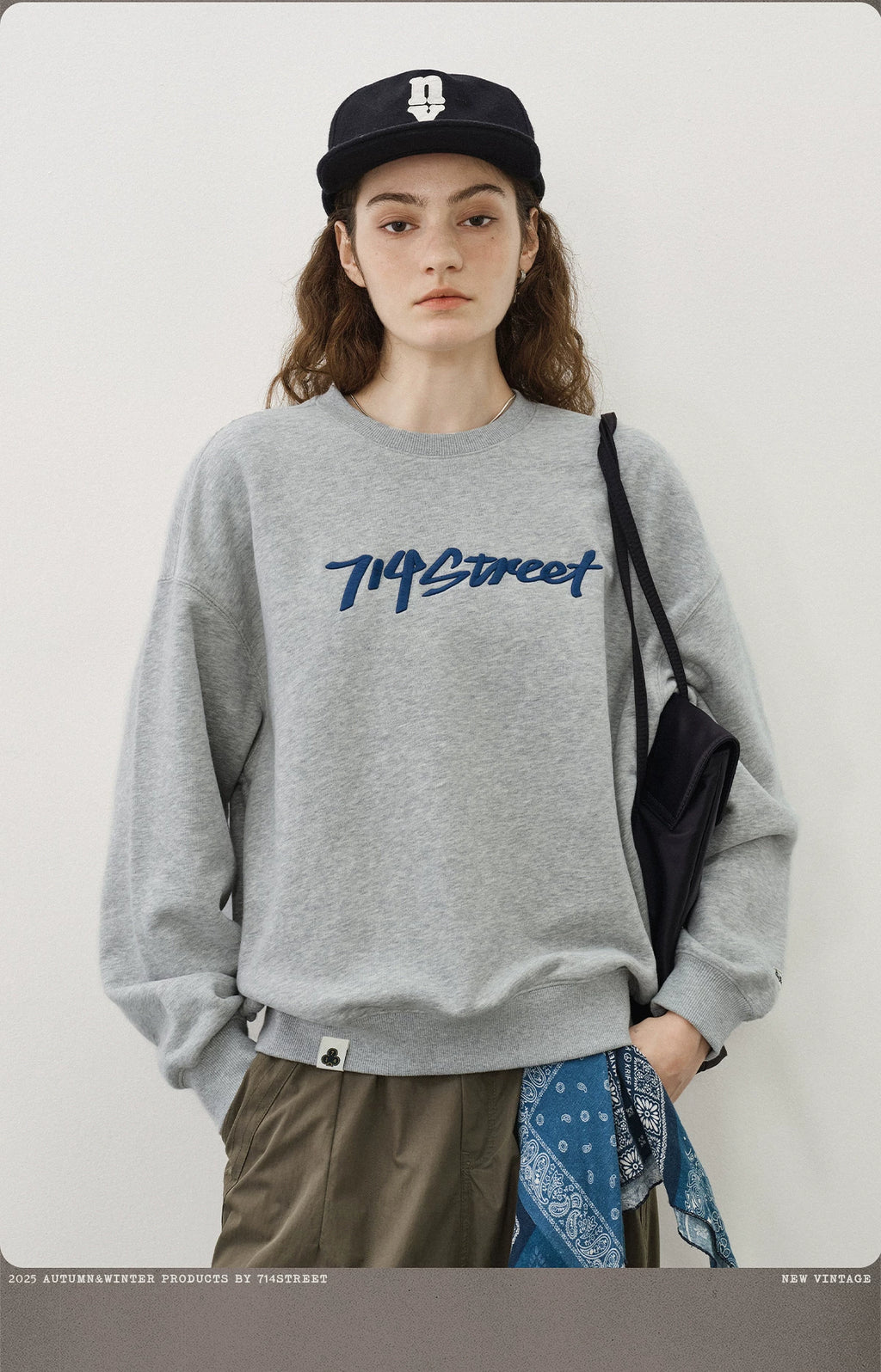 714Street Low Shoulder Sleeves Loose Silhouette Crew Neck Fleece Sweater