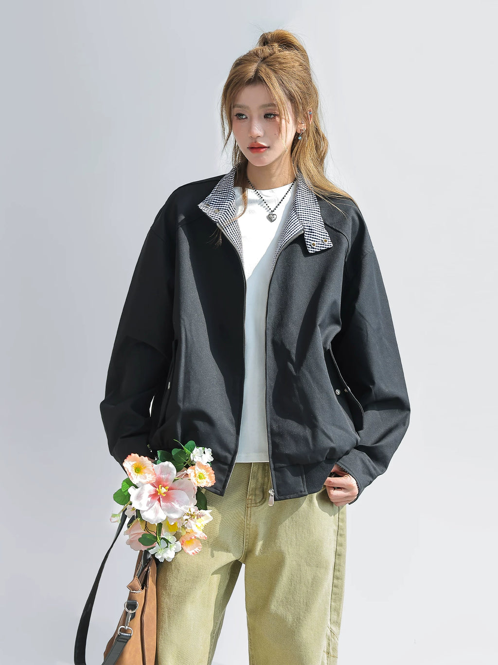 CHANT2nd Contrasting Color Plaid Splicing Loose Coat