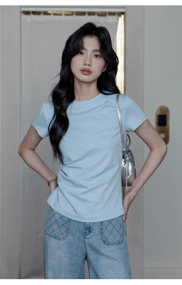 XUJING Pleated Front Shoulder Slim and Thin Tee