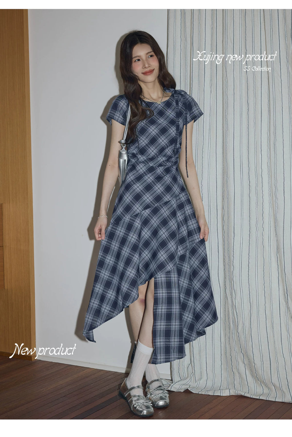 XUJING Retro Drape Irregular Plaid Dress