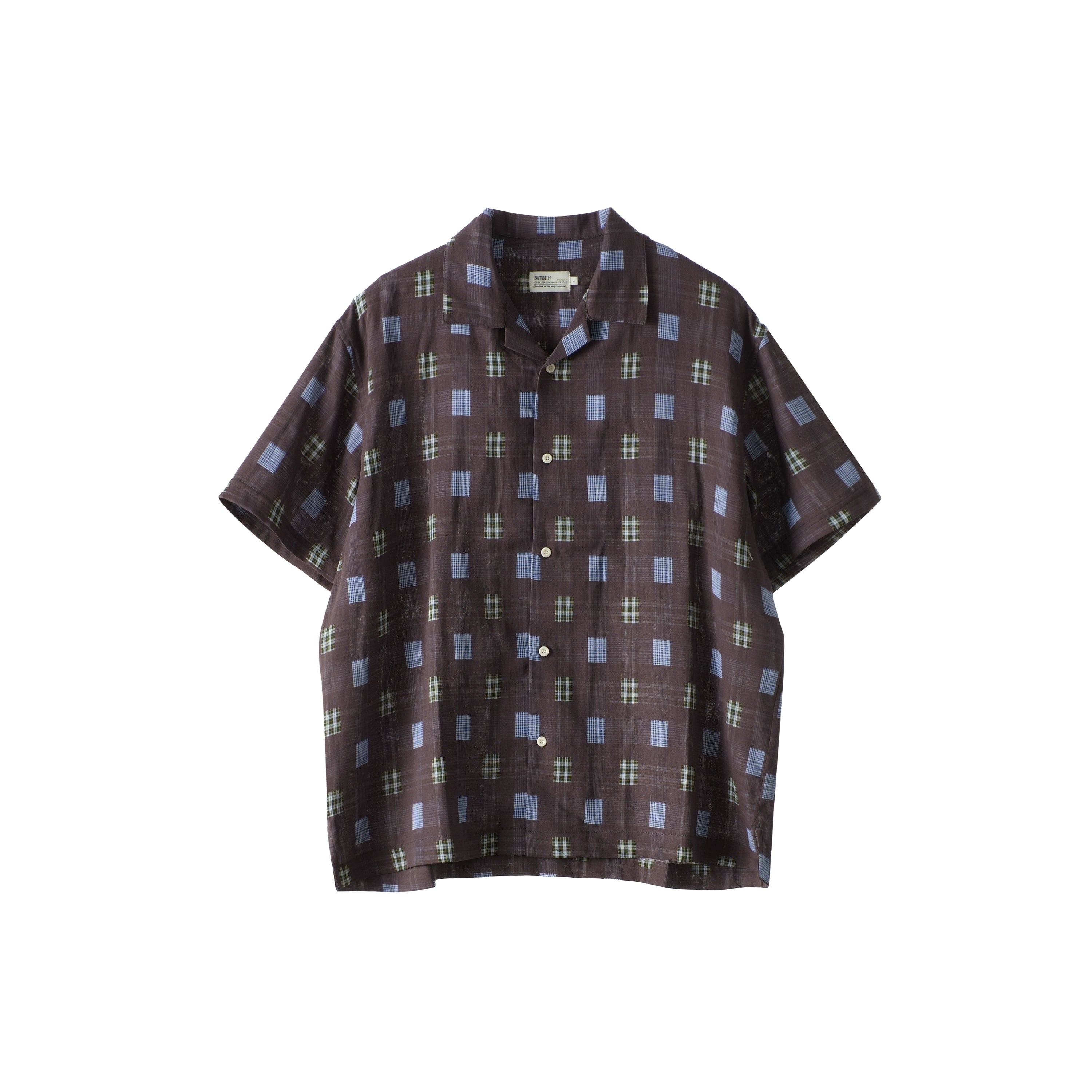 BUTTBILL 25SS Japanese vintage double-layer yarn plaid Cuban collar Short