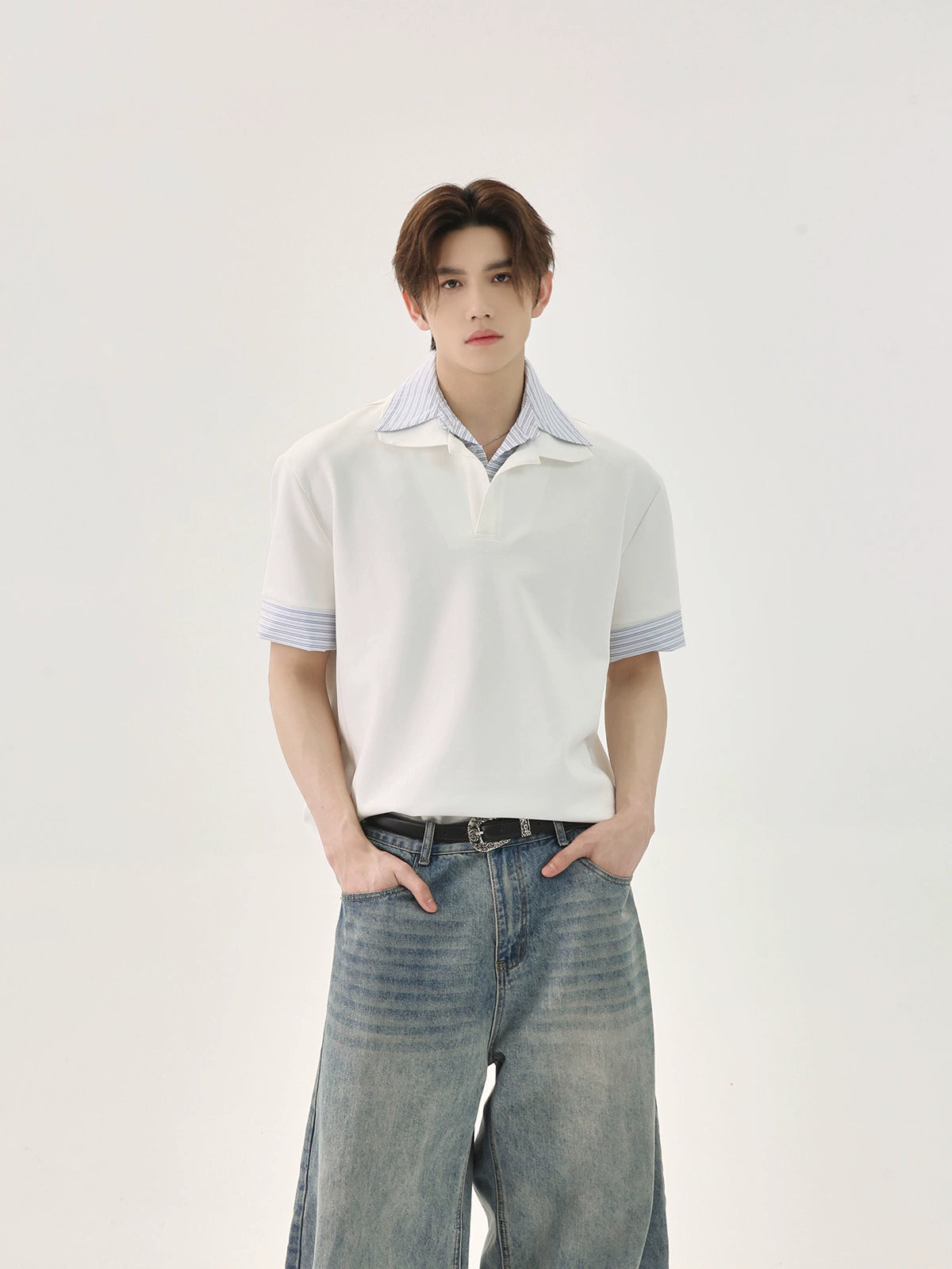 TURNTIDE Spliced Striped Loose Casual Versatile Short-sleeved POLO Shirt