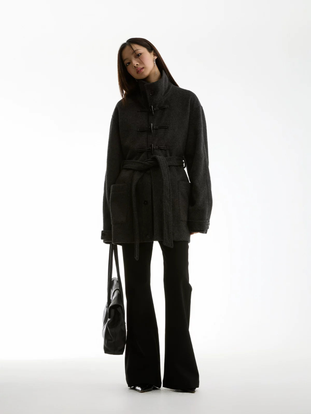 FUNKYFUN Horn Buckle Adjustable Belt Medium and Long Woolen Coat