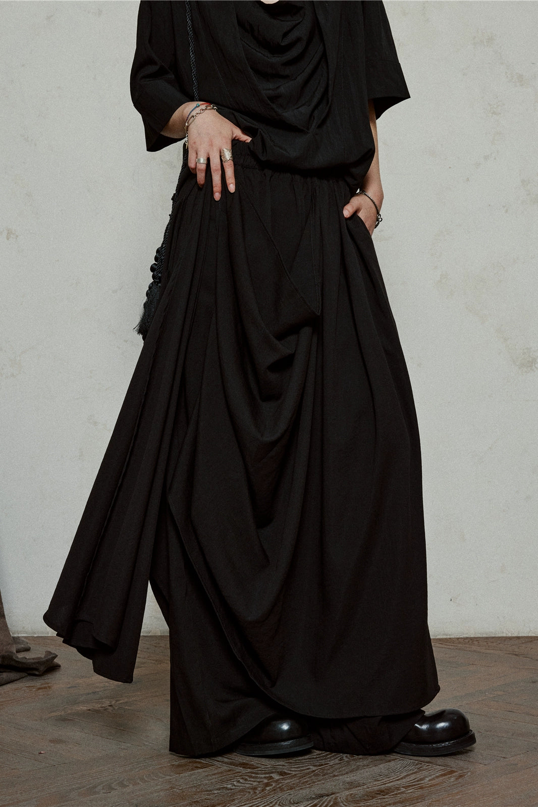 SUNYVONNE Irregular Double-layer Streamer Drape Wide-leg Pants