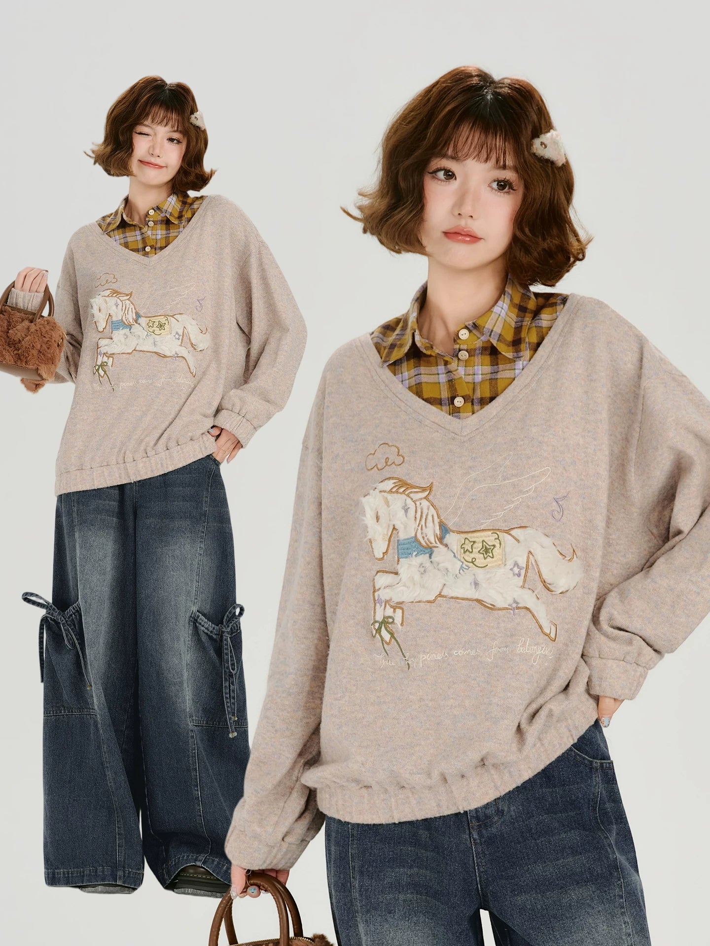Girlyhalo Fake Two-piece Casual Versatile Knitted Sweater