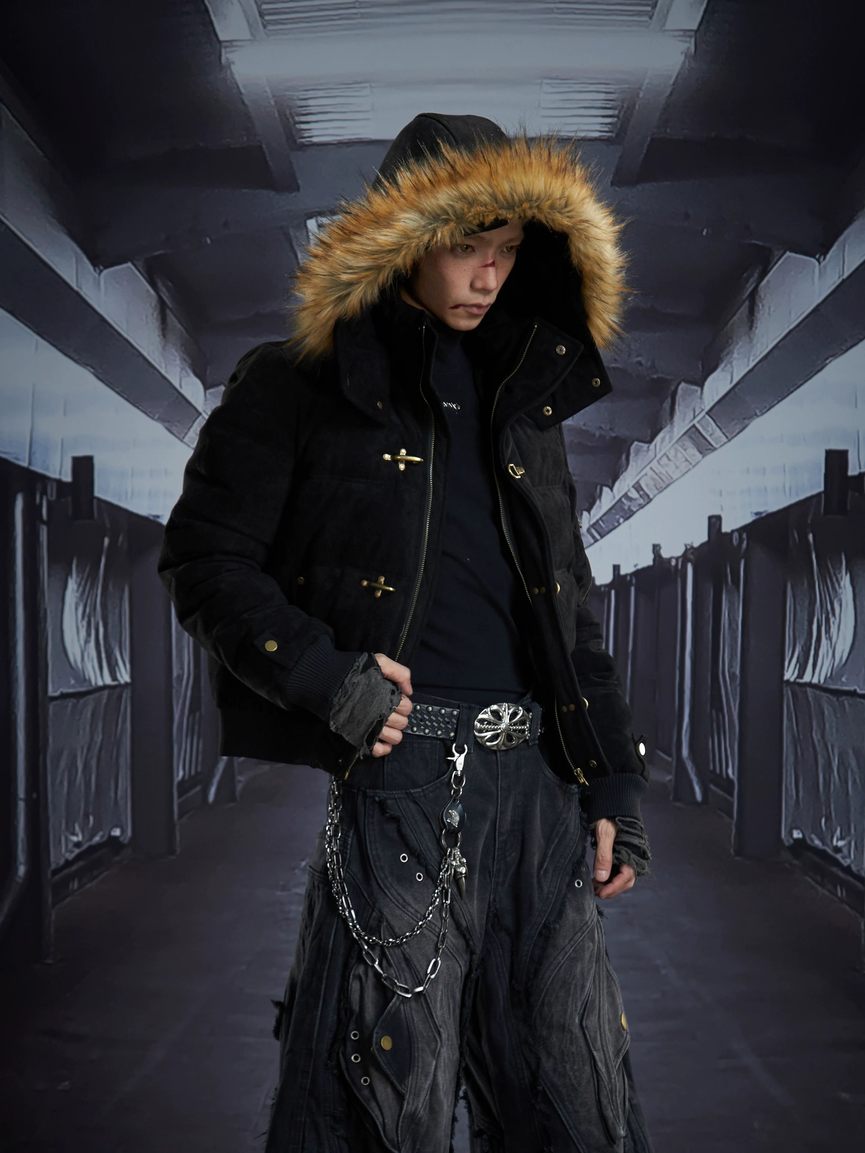 NOMANIAI Vintage Suede Hooded Removable Stand-Up Jacket