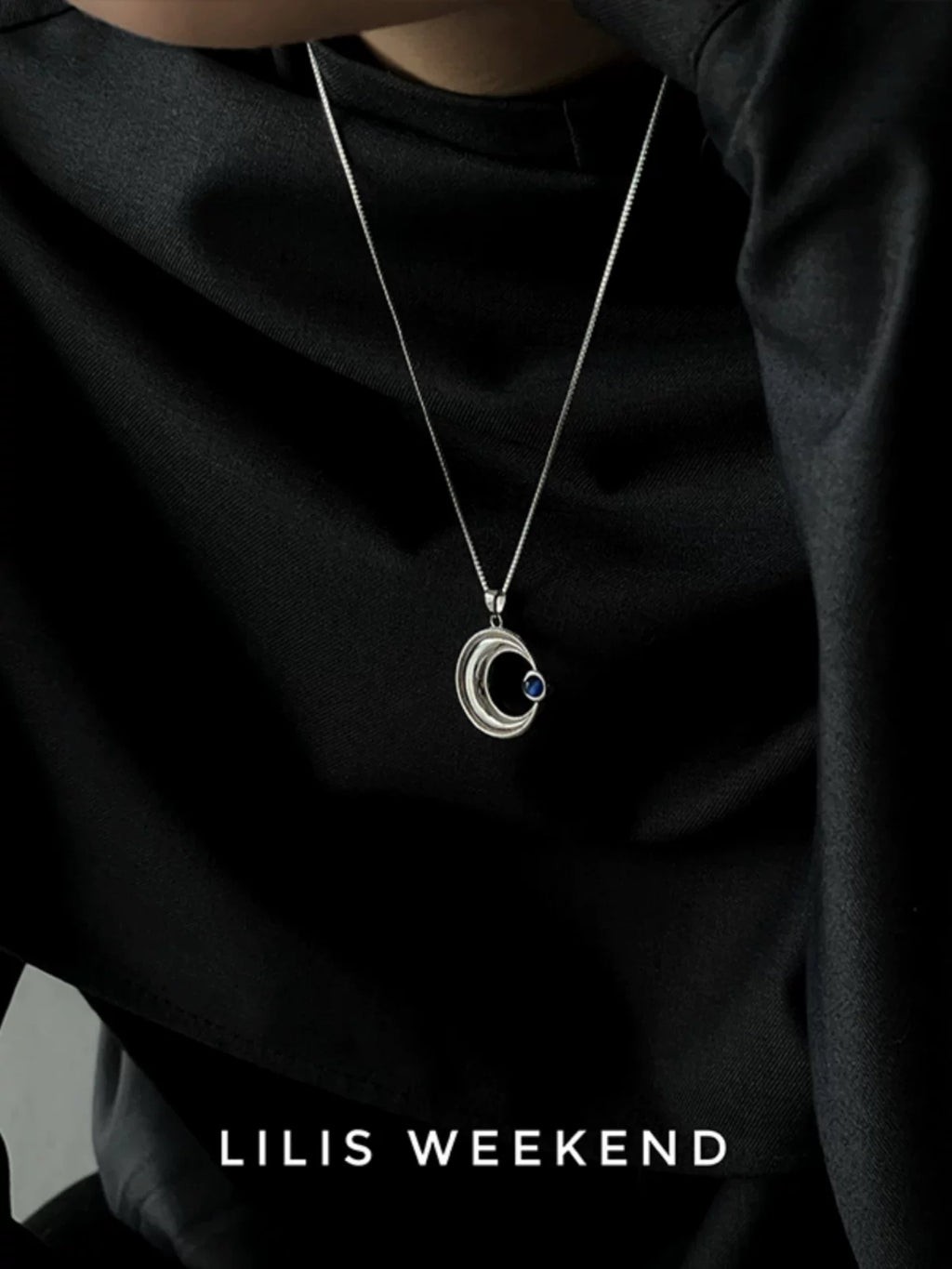 Lilis Weekend Solid Curved Moon Blue Opal Necklace