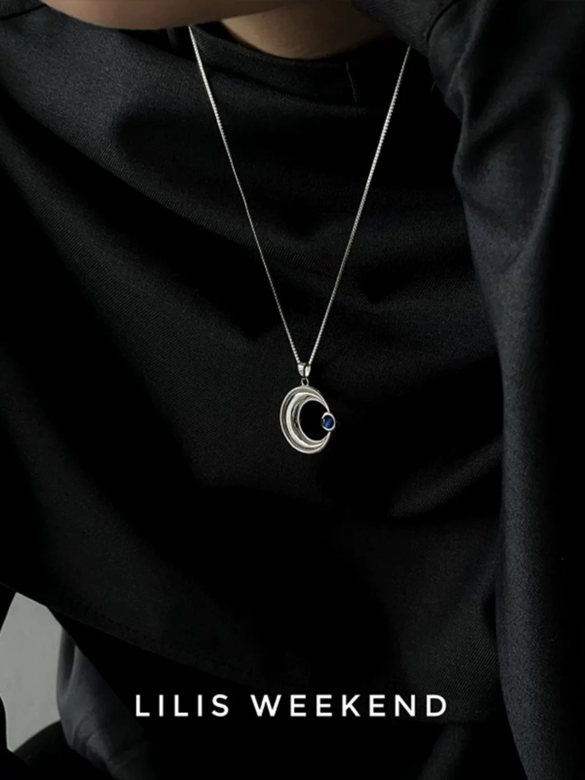 Lilis Weekend Solid Curved Moon Blue Opal Necklace