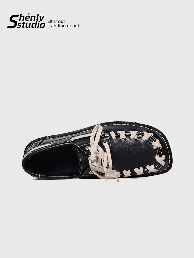 SHENLV STUDIO Cross-strap Square-head Flat-soled Leather Shoes