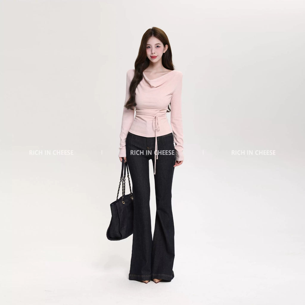 RICH IN CHEESE Waist Fold Temperament Swing Neck Long Sleeve