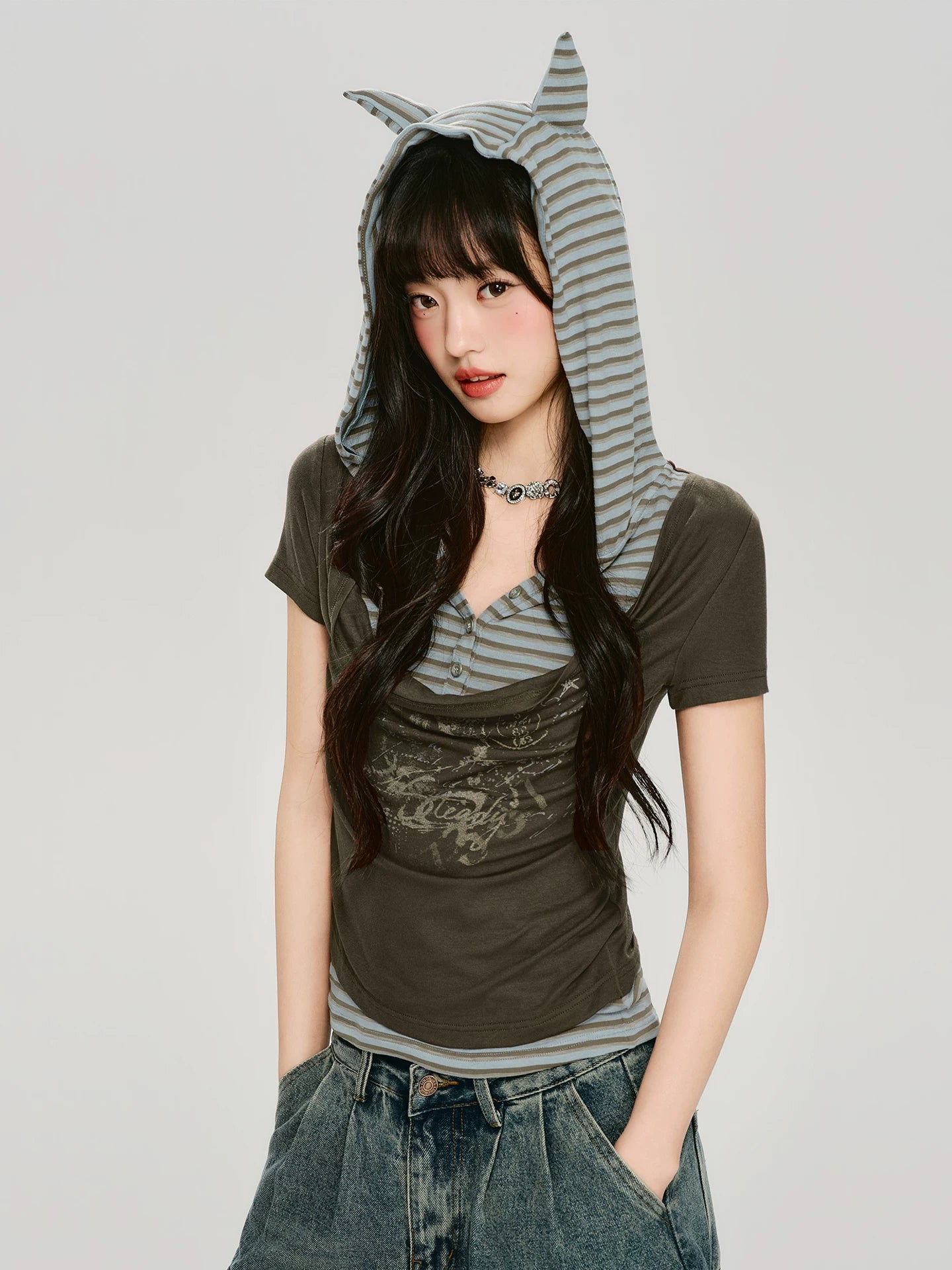 Girlyhalo Vintage Fake Two-piece Hooded Striped Slim Tee