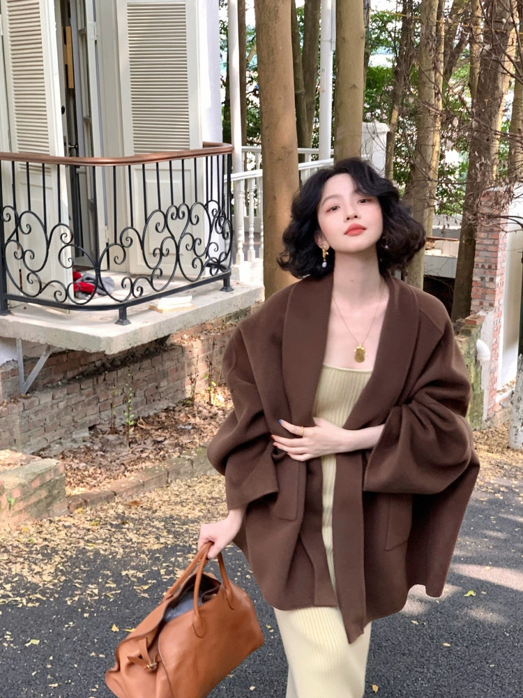 KELIFAN Port Style Vintage Wool Reversible Wool Cape Coat