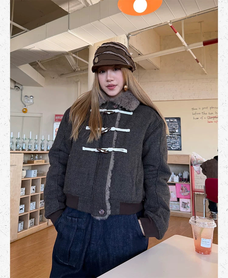CCYE Horn Buckle Fur Collar Lamb Wool Thick Coat