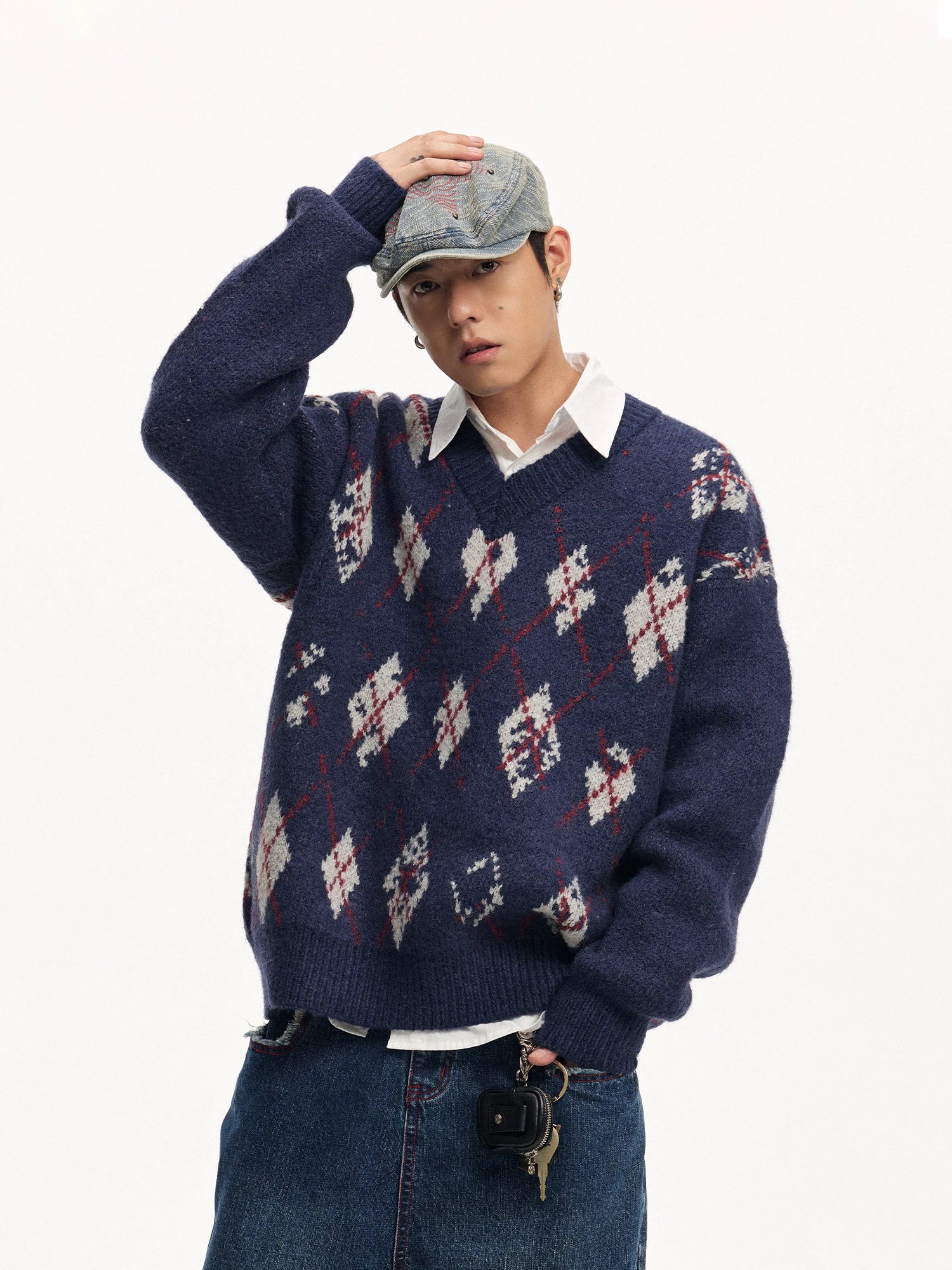 CoosRetro V-Neck Vintage Rhombus Checked Casual Knitted Sweater