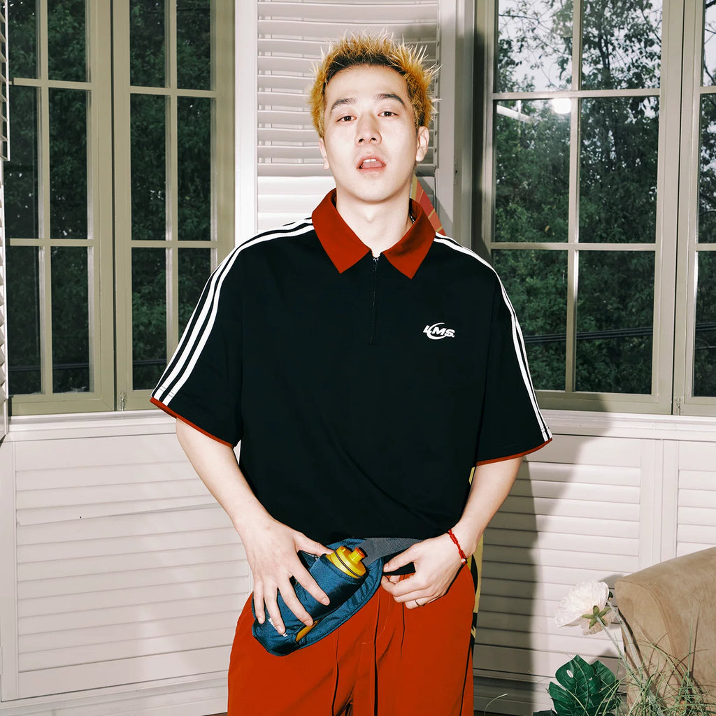 Lemanism Contrasting Sports POLO Collar Loose Tee
