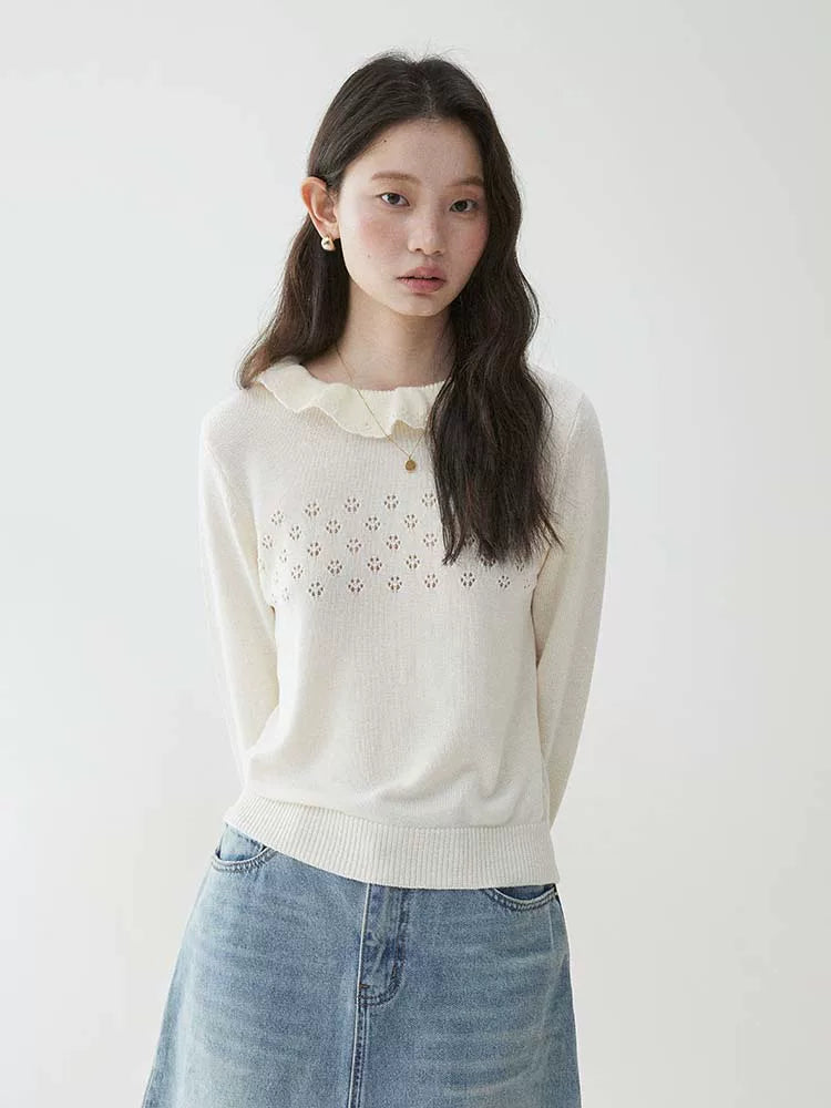 VOOE Lace Round Neck Hollow Long Sleeve