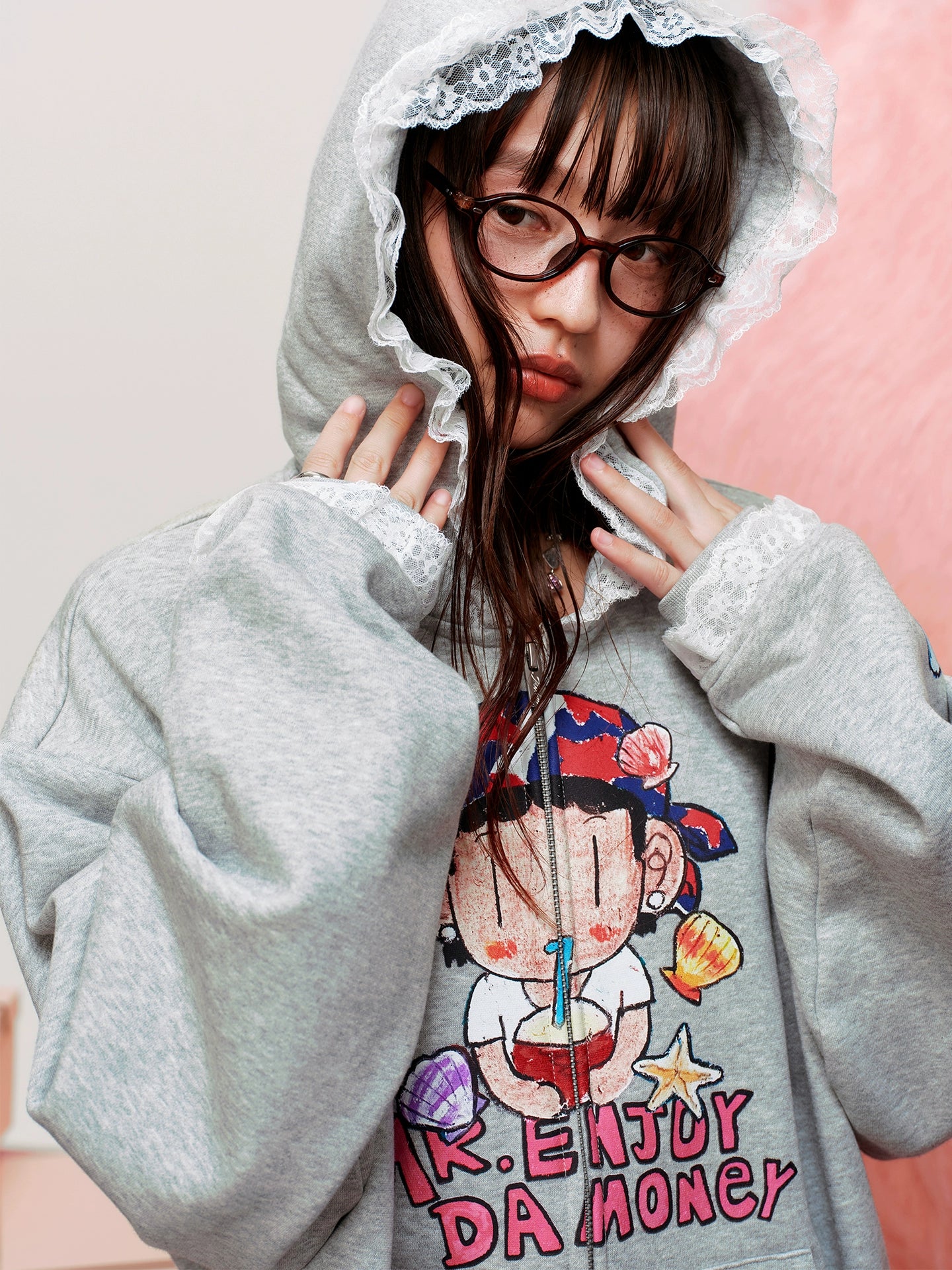 MEDM Lace Zip Hooded Sweater