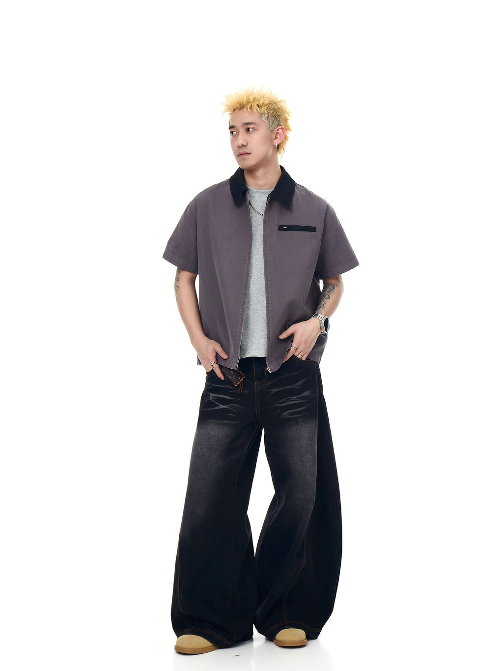 BLACKLISTS Short Wide Lapel Zip Short Sleeve Shirt
