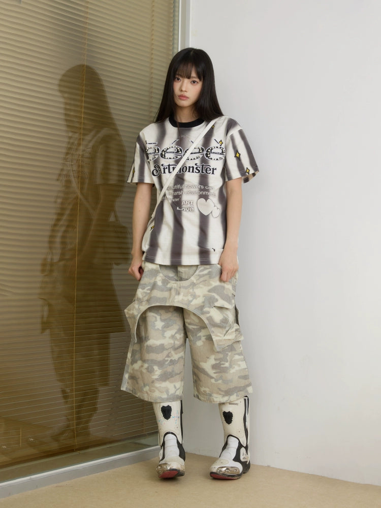 EeeeArtmonster Striped Contrasting Sports Jersey Embroidery Tee