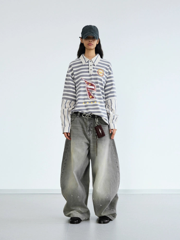 PEOPLESENSE Striped Fake Two-piece Splicing POLO Collar Long Sleeve