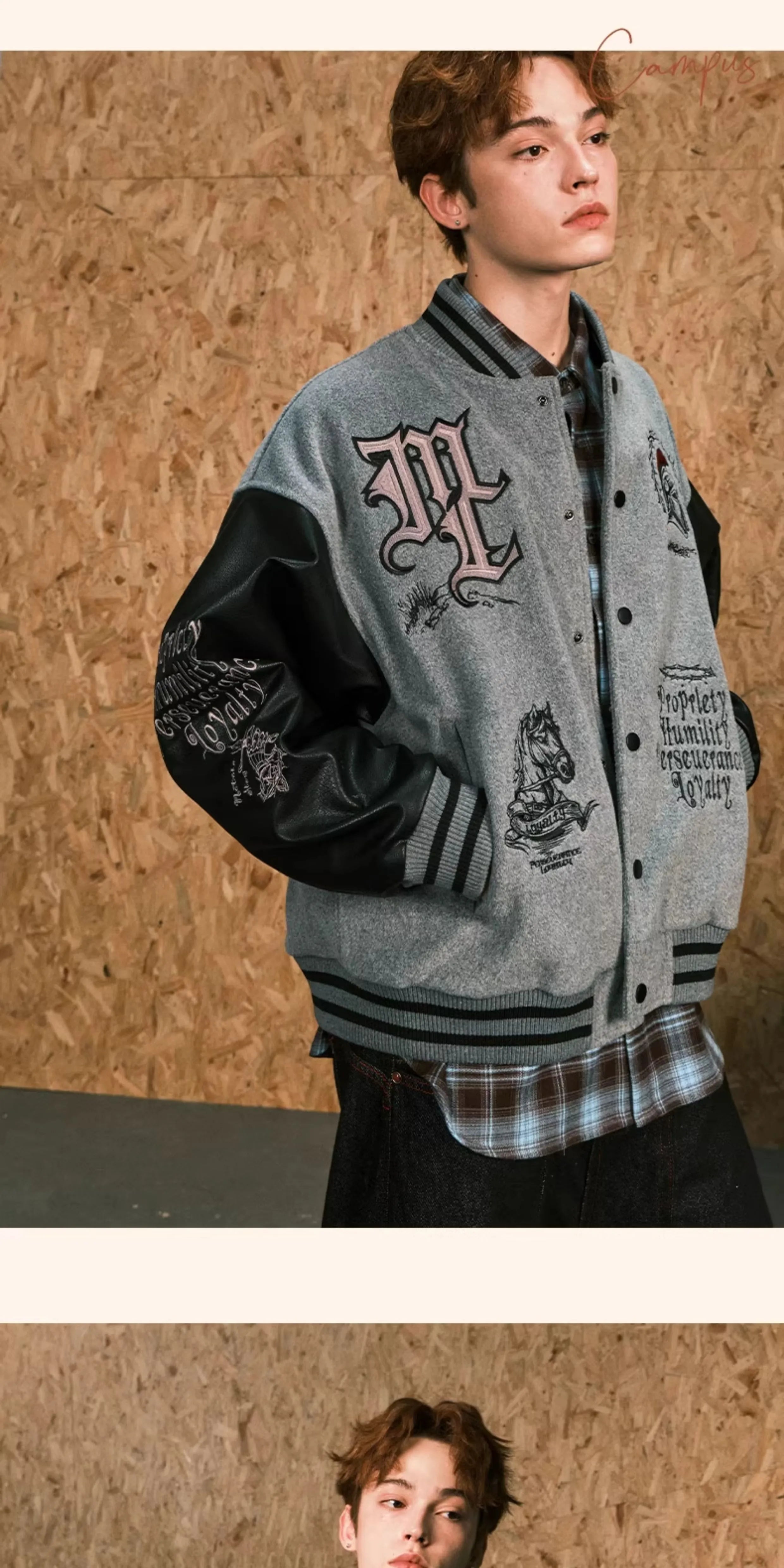 MATCHA STORY Leather Embroidered Baseball Jacket