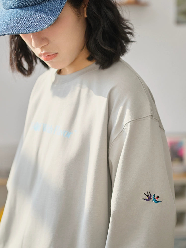 Battles Embroidery Print Loose Casual Vintage Crew Neck Long Sleeve