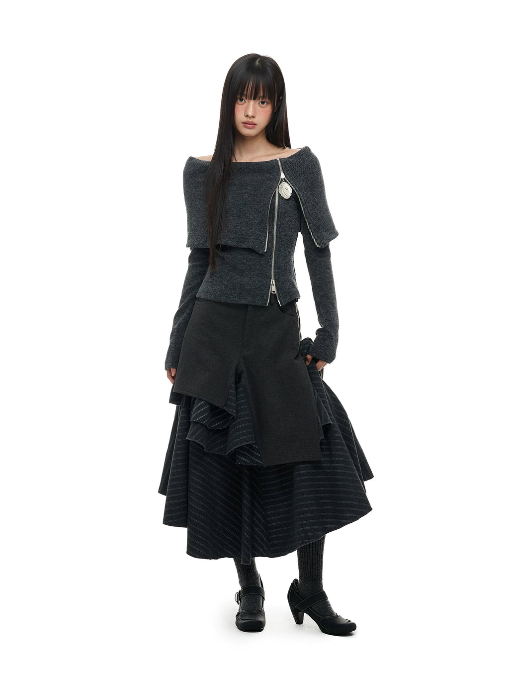 JIKOO Asymmetrical Splicing Striped Skirt