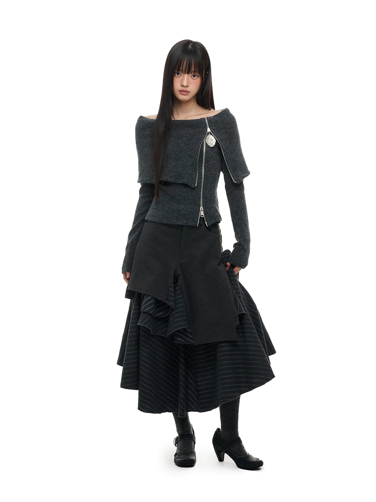 JIKOO Asymmetrical Splicing Striped Skirt