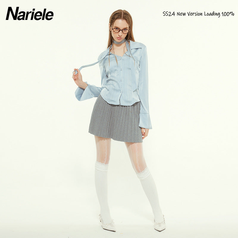 Nariele Embroidered Ribbon Short Long Sleeve Shirt