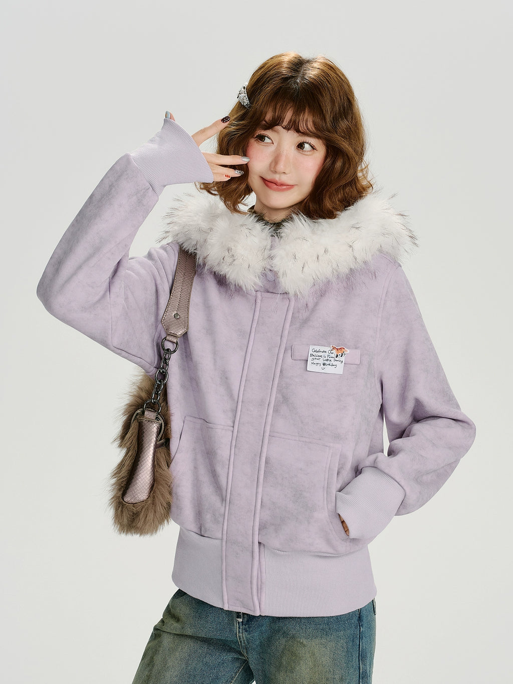 Girlyhalo Vintage Fur Collar Slim Fit Hooded Jacket