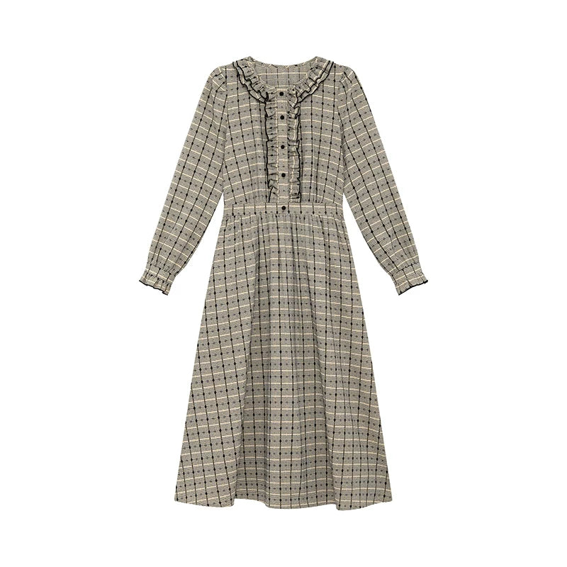 Kano Fungus Edge Collar Bubble Sleeve Plaid Dress