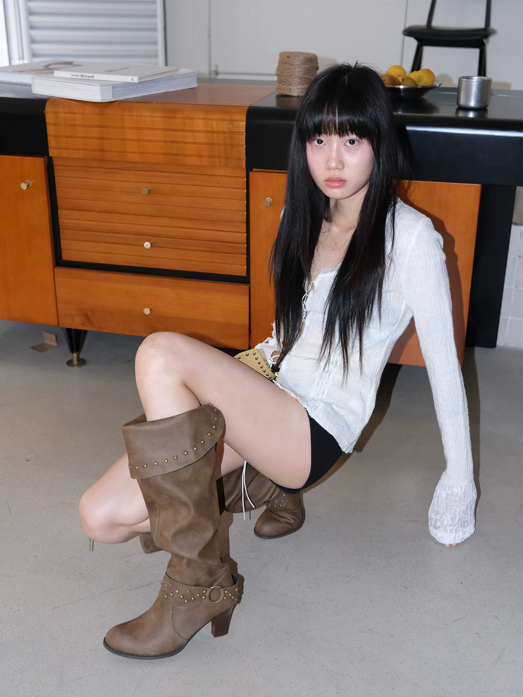 Mooreyu Rivet Leather Belt Buckle High Heel Boots