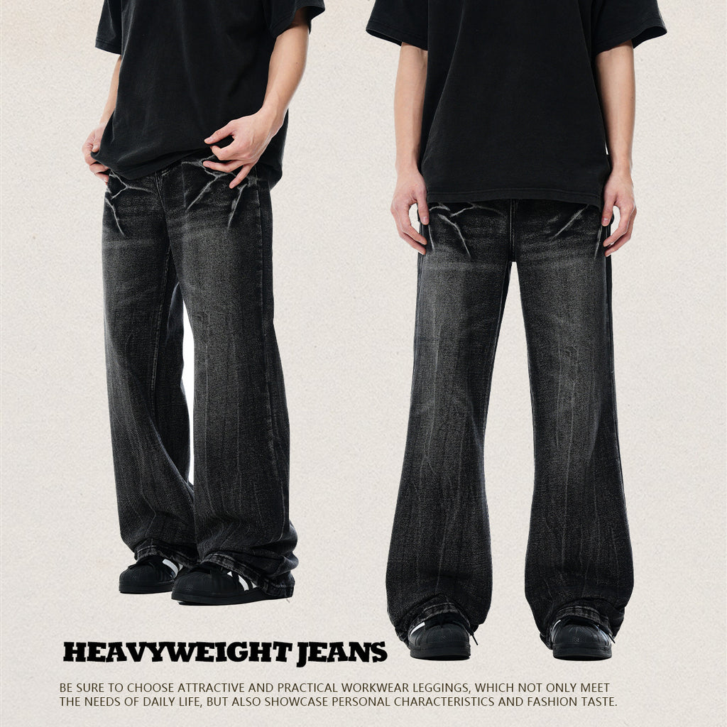 11KN Retro High Street Lightning Crack Washed Distressed Cat Whisker Loose Jeans