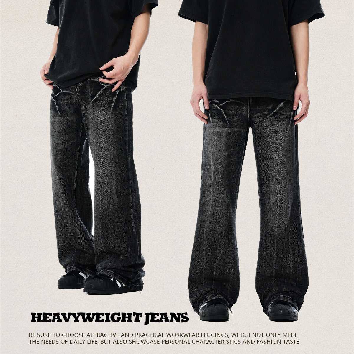 11KN Retro High Street Lightning Crack Washed Distressed Cat Whisker Loose Jeans