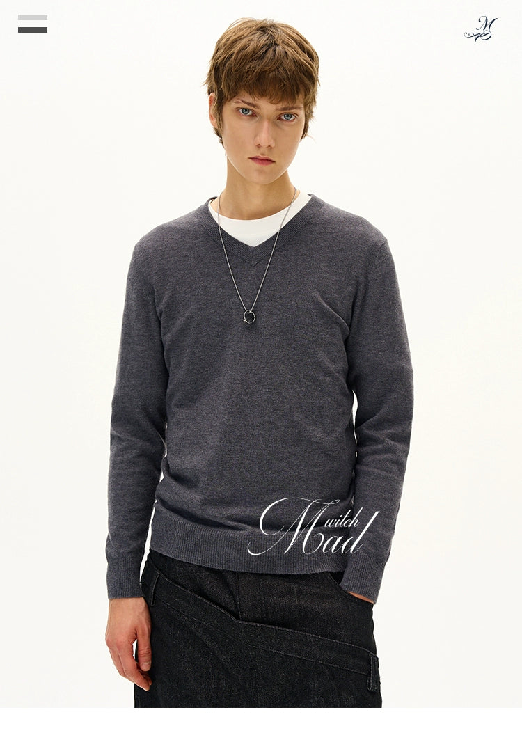 MADWITCH Vintage Simple V-Neck Knitted Bottom Sweater