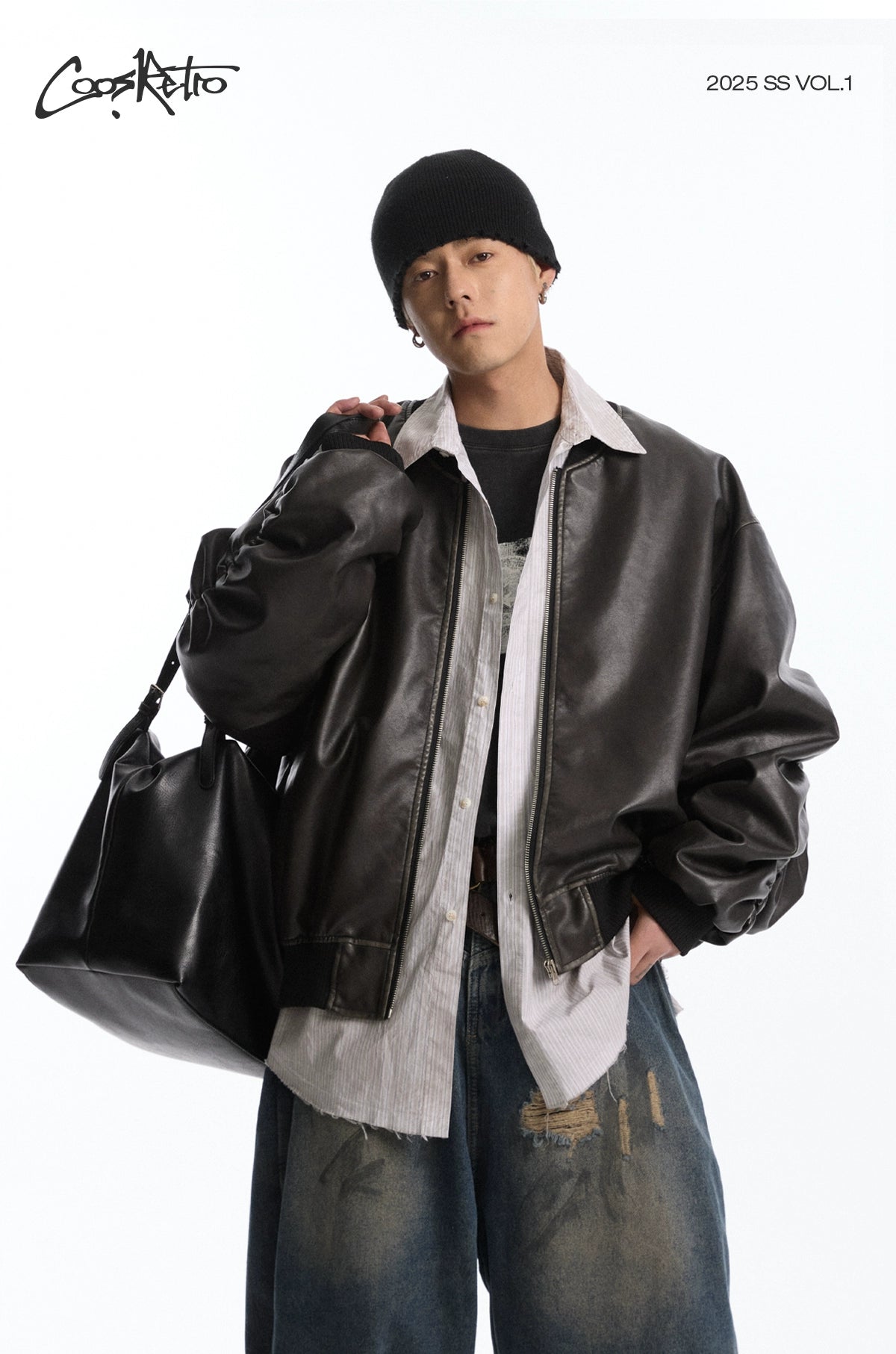 CoosRetro Cloth Embroidered Rubber Leather Jacket