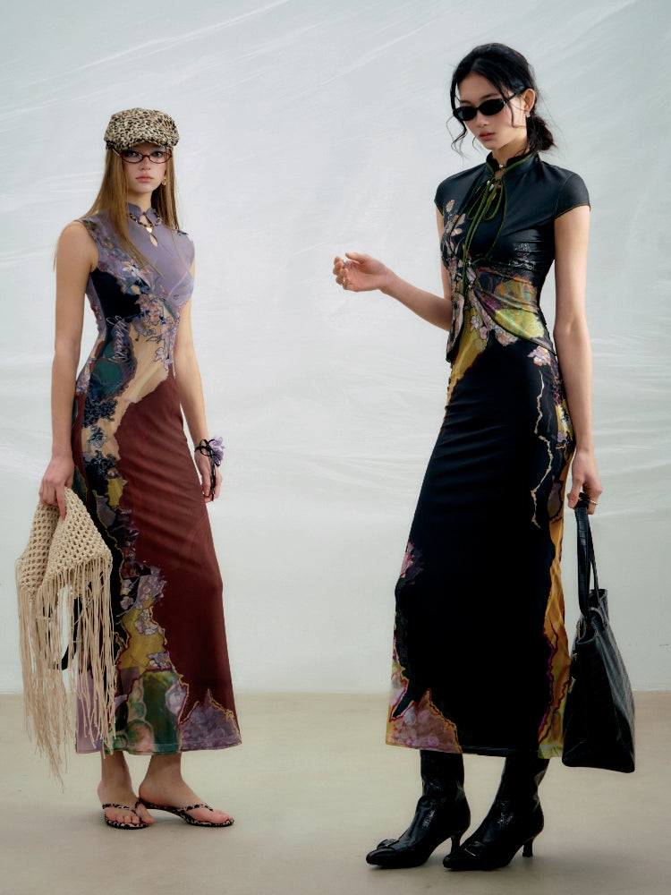 OfAkiva Contrasting Color Print Cheongsam Dress
