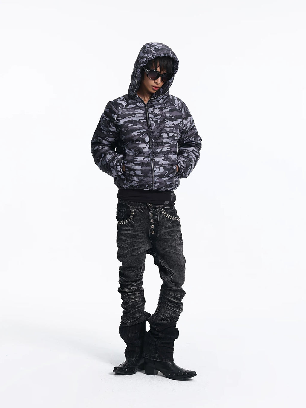Lightinus Camo 90 White Duck Down Stand-Up Collar Hooded Down Jacket