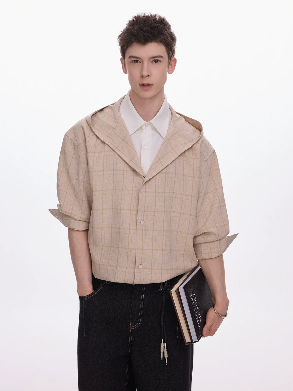 CHOR Double Neck Hooded Checked Fake Two-piece Long Sleeve Shirt