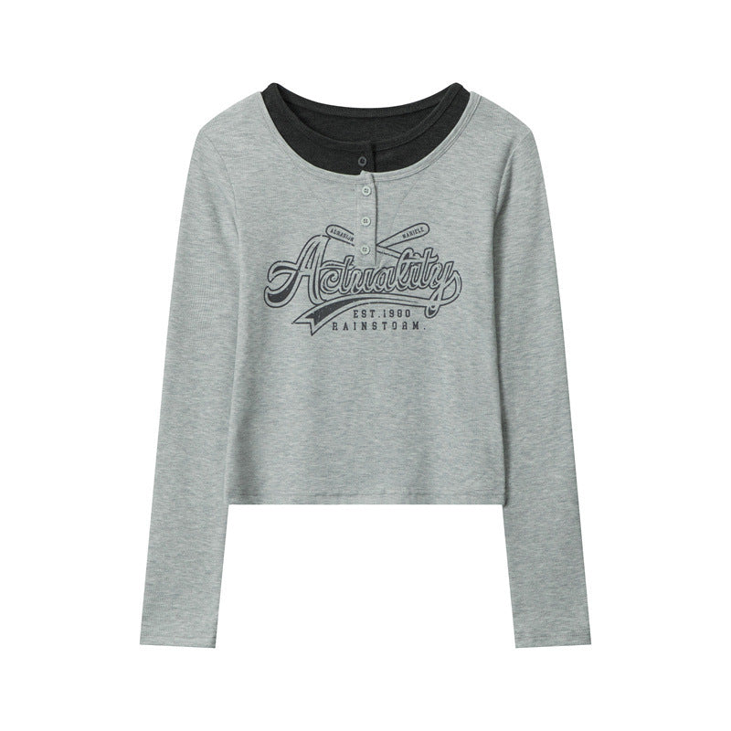 Nariele Fake Two-Letter Design Slim-Fit Long-Sleeve T-Shirt Top