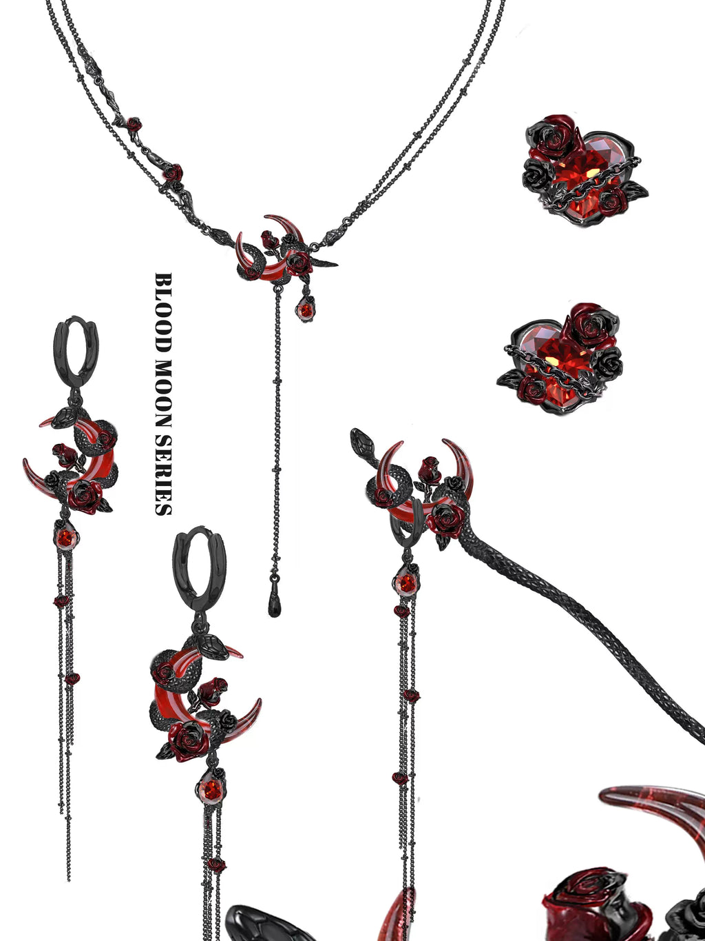 MASW Snake Dance Series Dark Blood Moon Rose Hairpin Shaker Tassel Hair Accessories