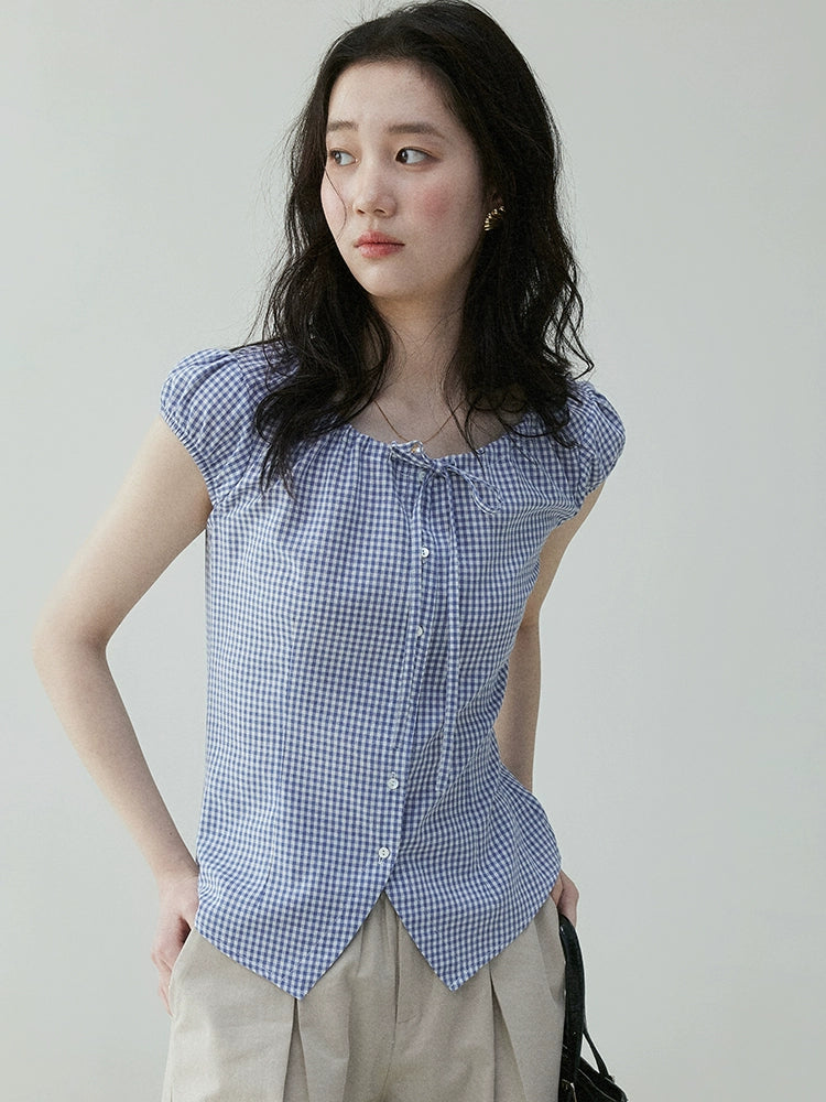 VOOE Vintage Contrast Checked Drawstring Shirt