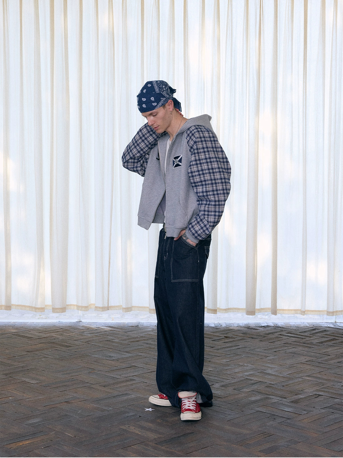 InsGale Contrast Checked Waffle Embroidered Hooded Cardigan Jacket