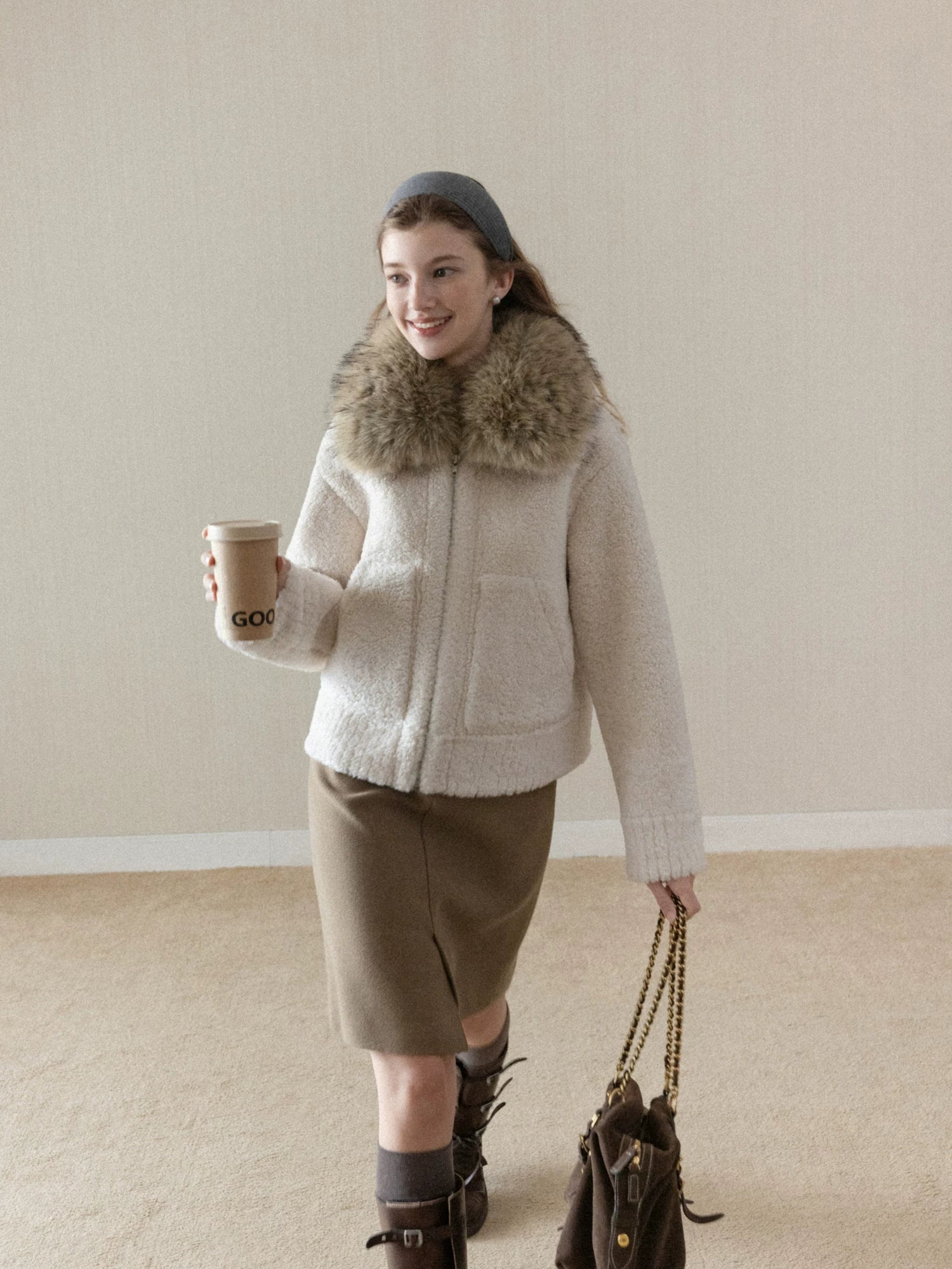 Cantonstory Korean Versatile Lamb Wool Collar Thickened Jacket