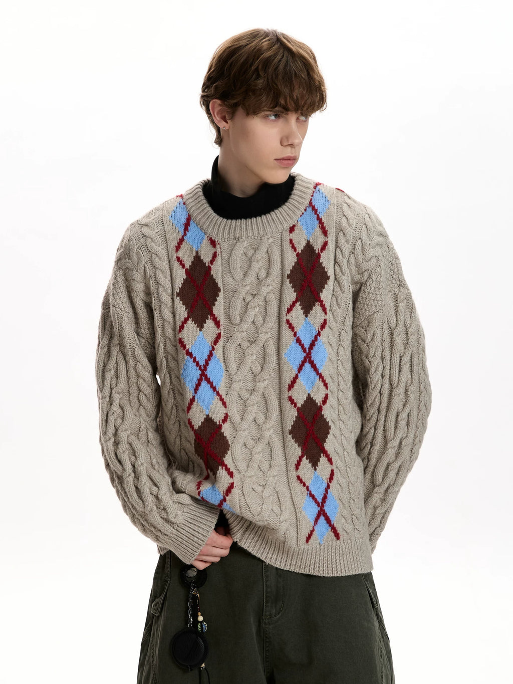 A PUEE Vintage Rhombus Checked Crew Neck Sweater